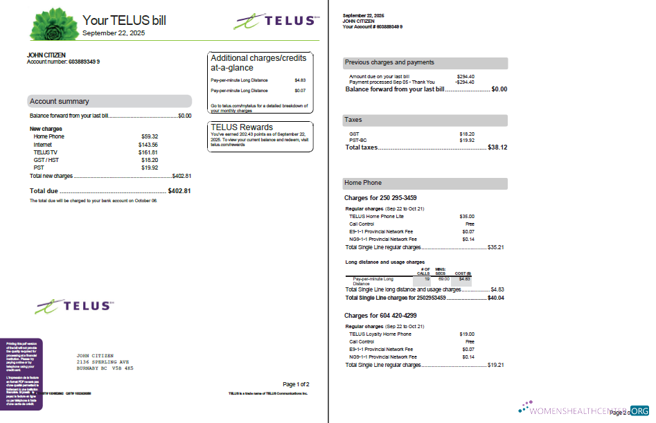 download Canada Telus utility bill template in Word and PDF formats, 2 pages, version 3 PDF template